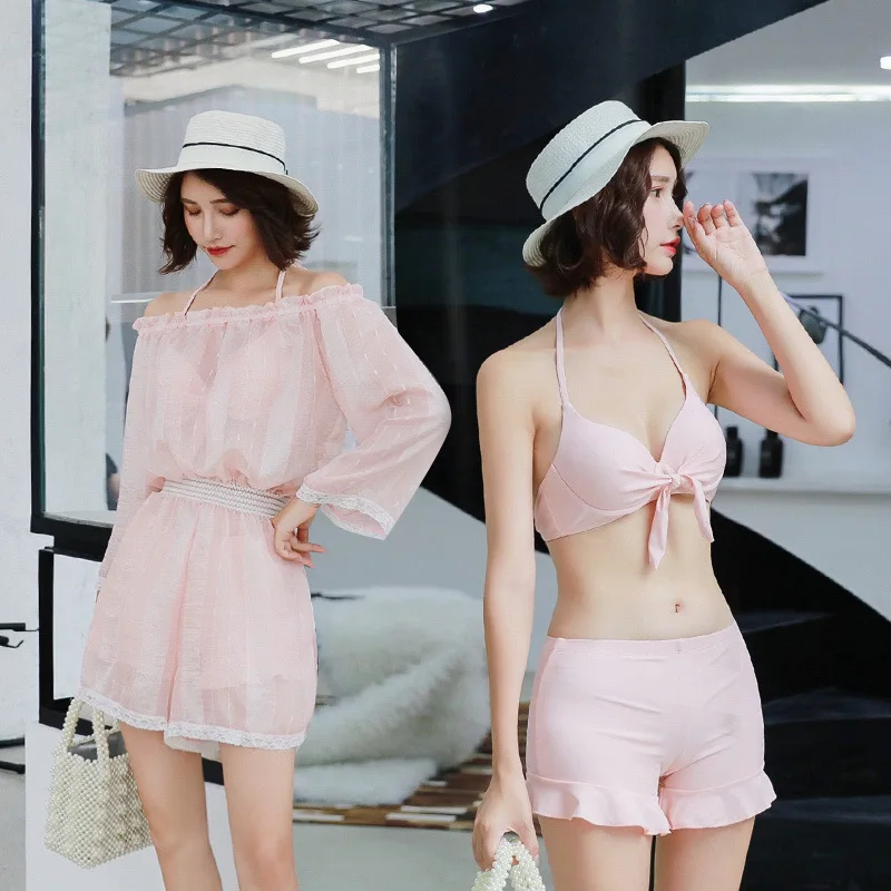 

New Style Immortal Three-piece Set Flounced Small Bust Gathering Horizontal Neck Korean-style Graceful Beach Hot Springs Bathing
