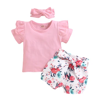 

Pudcoco 3 PCS Clothing Sets Solid T Shirt Top + Floral Printed Shorts + Headband 1-5T Kid Children Summer Casual Cotton Outfit