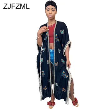 

Butterfly Print Summer Beach Holiday Open Stitch Women Half Sleeve Side Split Loose Long Coat Casual Black Tassels Maxi Cardigan