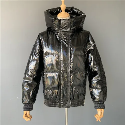 Black short Женское пуховое пальто, зимняя куртка из лакированной кожи, женская утепленная длинная пуховая парка с капюшоном, женское пуховое пальто, водонепроницаемая куртка - Цвет: Black short