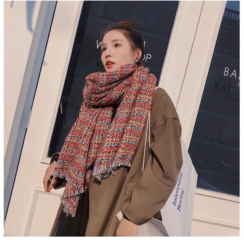 Осенне-зимний цветной клетчатый шарф для женщин, большой Модный женский пончо, Классическая шаль с кисточками, плотный кашемировый шарф, палантины