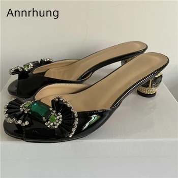 

Sexy Summer Crystal Candy Bowknot Shoes Woman Luxury Jeweled Diamond Heel Open Toe Patent Leather Rhinestone Slippers Women