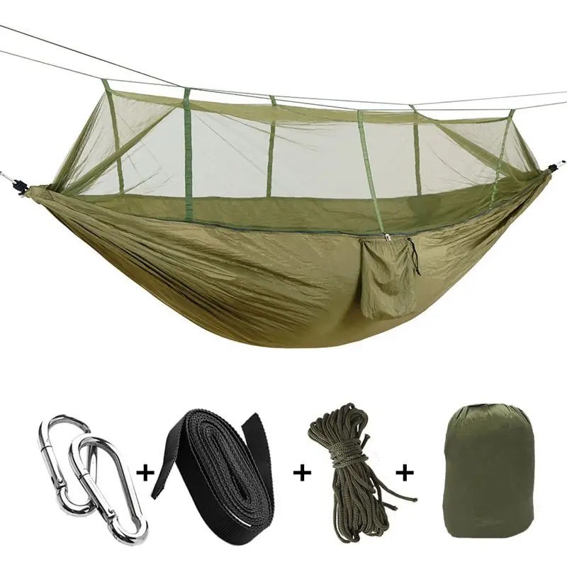 

Botique-Portable High Strength Parachute Fabric Camping Hammock Hanging Bed With Mosquito Net Sleeping Hammock Army Green