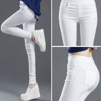 

2020 Sexy Solid Pencil Pants Women's Full Length Leggings High Waist Stretch Trousers Female Casual Wear Black White
