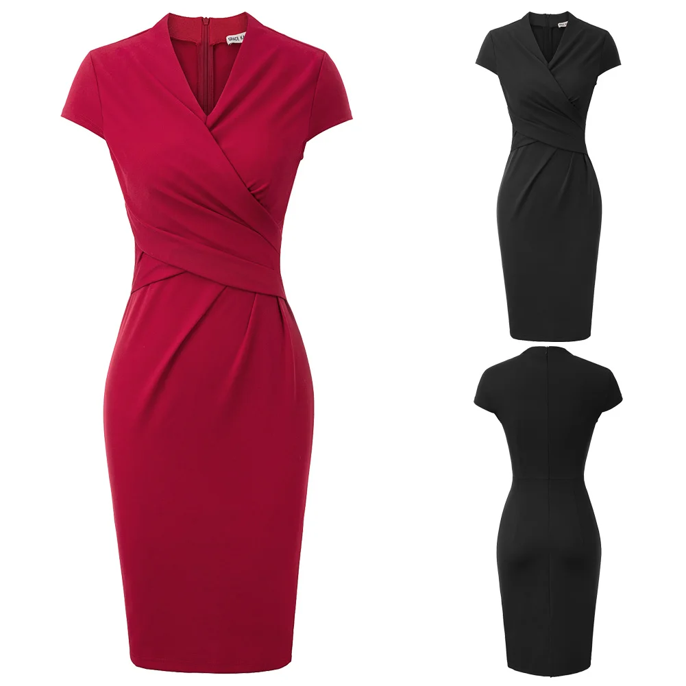 Для женщин Плиссированное Платье-футляр Кепки рукавом свободного покроя с v-образным вырезом бедра-завернутый облегающее платье элегантные пикантные Вечерние вечернее работы приталенных дамских платьев для