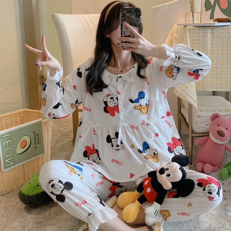 

Disney women pajamas spring and autumn maternity clothes pure cotton confinement home service suit nursing pajamas thin section