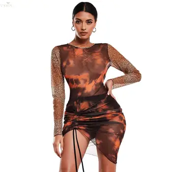 

Leopard Dress Elegant Women Print See Through Dress Mini Dress Long Sleeve Tie Dye Sexy Dress Clubwear Femme Womens Dresses