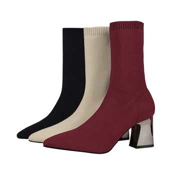 

Comfort Knitting Women Sock Boots Square High Heel Ankle Boots Fashion Pointed Toe Fall Stretch Shoes Black Big Size 2020 Winter