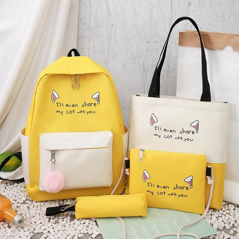 

Shoulder WOMEN'S Bag 2020 New Style Korean-style Contrast Color Backpack Canvas Cute MORI Series WOMEN'S Backpack Four-piece Set