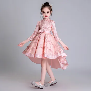 

2019 Autumn Kids Long Sleeve Performance Clothings Girls Princess Wedding Dresses Children's Mesh Fluffy Show Tuxedo Dress 4-16T