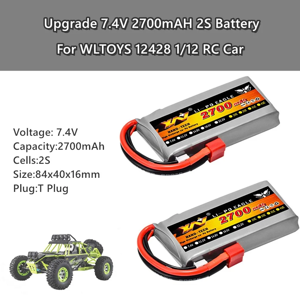 2PCS Upgrade 7.4V 2700mAH 2S Battery Spare Part For WLTOYS 12428 1/12 RC Car Baby toys Детские игрушки Juguetes para niños