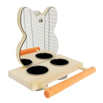 

Parrots Mirror Play Stand Platform Birds Wooden Toys Perch Playgym with Stainless Steel Feeder Cups Bowls