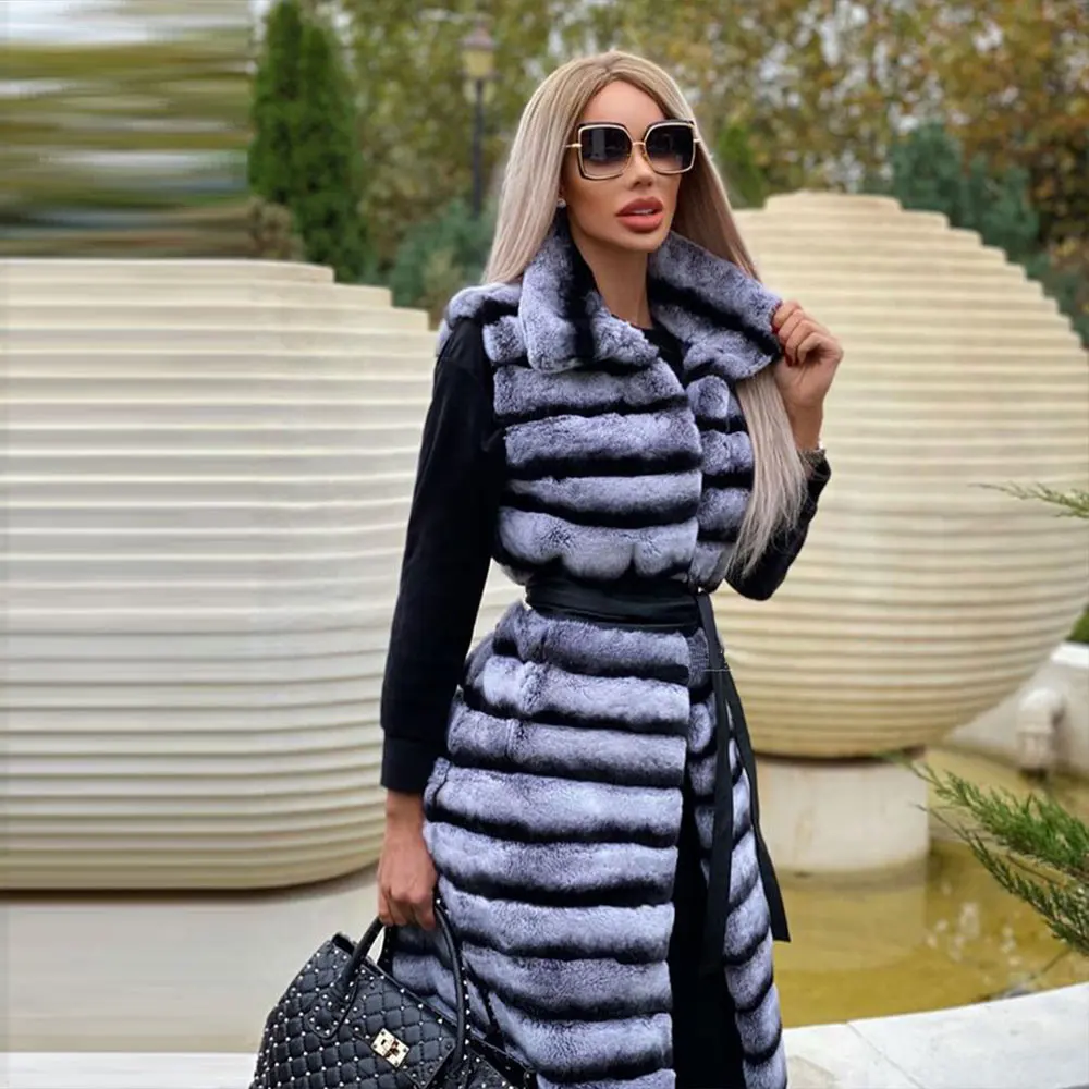 Женское пальто из натурального меха шиншиллы, зимняя верхняя одежда из натурального меха кролика рекс с отложным воротником, 2022