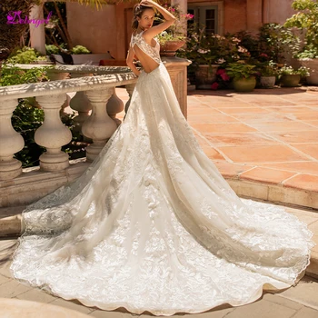 

Detmgel Gorgeous Court Train Appliques A-Line Wedding Dresses 2020 Charming V-Neck Backless Princess Bride Gown Vestido de Noiva