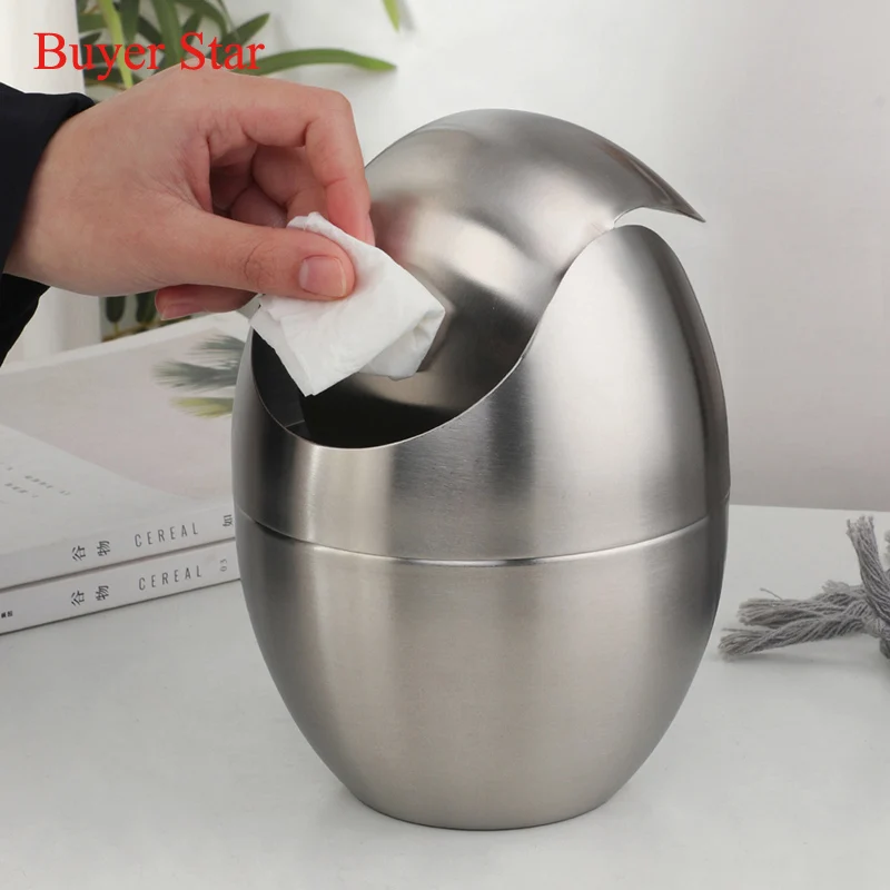 Desktop Waste Bin Gold Mini Metal Waste Bin Desktop Garbage Basket Egg-shaped stainless steel trash can with removable Swing lid Dustbin Basket