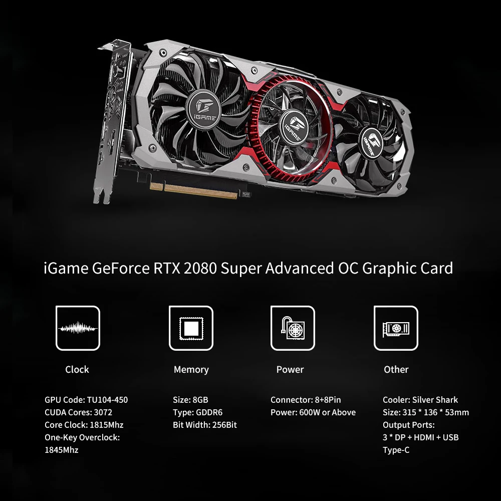 Красочная видеокарта GeForce RTX 2080 с суперграфической картой, расширенный процессор OC GDDR6 8G iGame, видеокарта Nvidia, один ключ, Overclock RGB Light