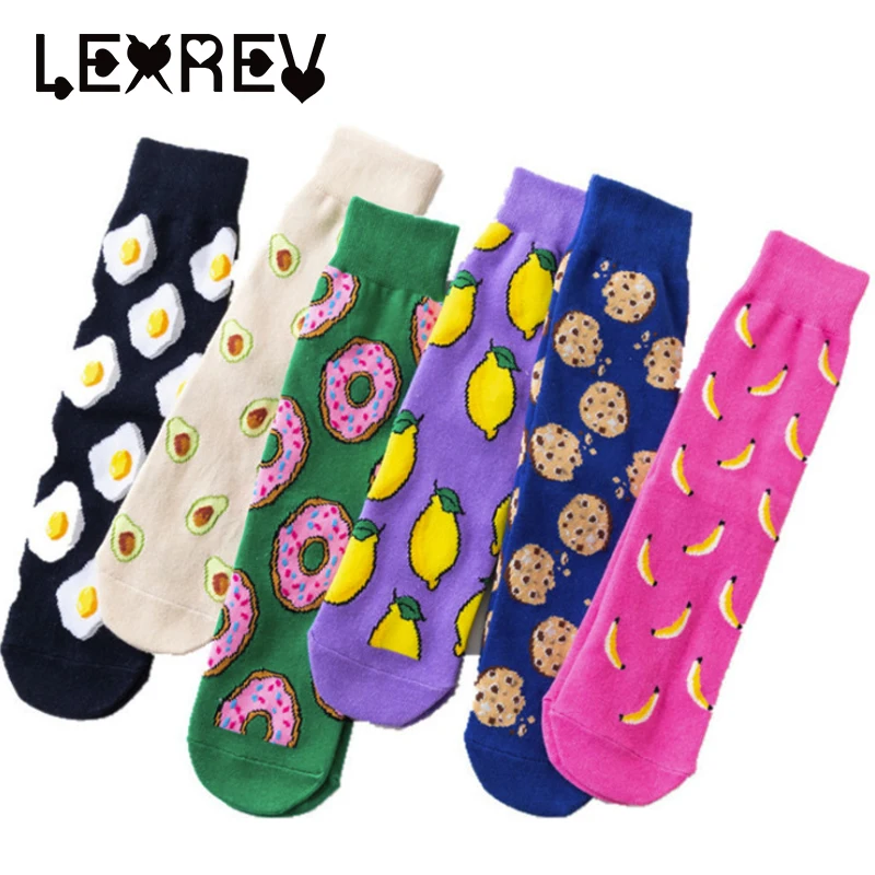 

2pcs/1Pair Funny Socks Cute Cartoon Fruits Banana Avocado Lemon Egg Cookie Donuts Food Happy Japanese Harajuku Skateboard Socks