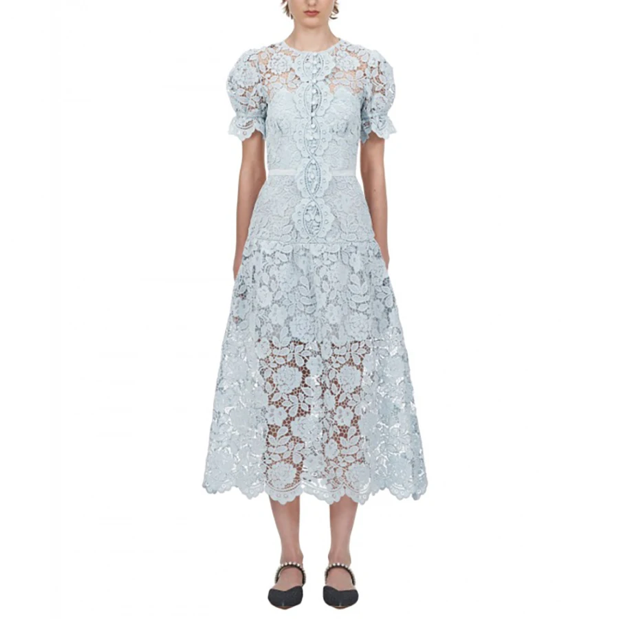 

2020 Spring Vintage Style Palace Women Blue Dress Puff Sleeve Lace New Arrive Fashion Luxury Brand Long Style Elegant Dress
