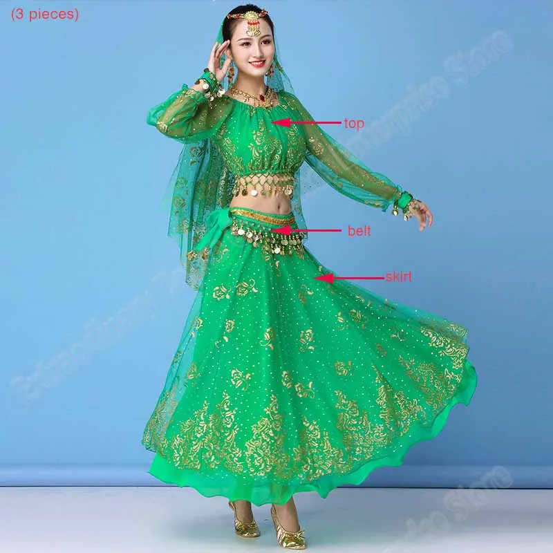 Болливуд платье костюм женский набор индийский танец сари танец живота наряд Одежда для выступлений шифоновый топ+ пояс+ юбка - Цвет: Green-3pcs
