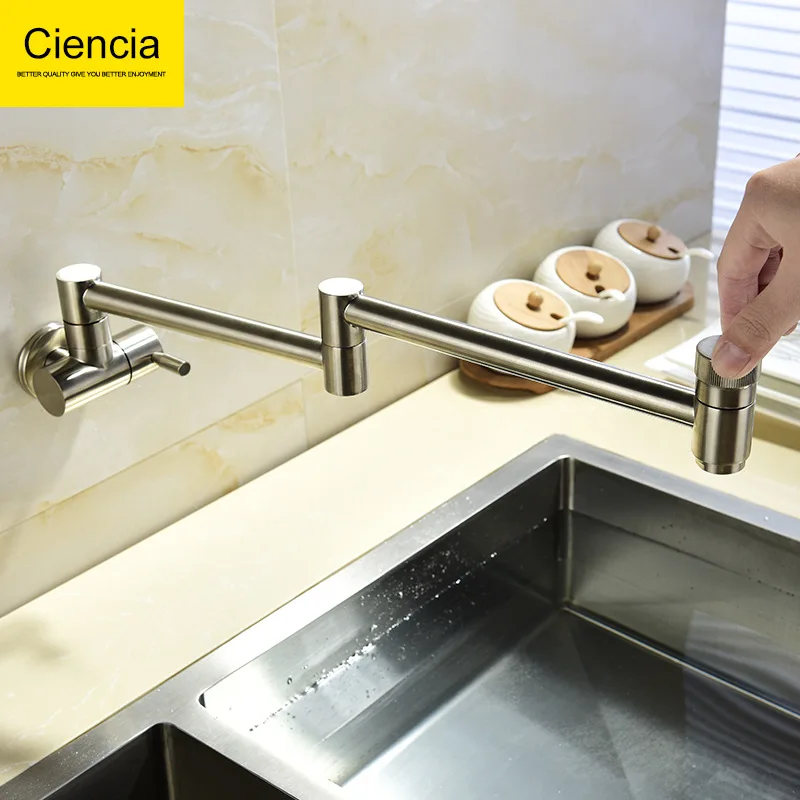 

Copper Wall-in Folding Leading Kitchen Sink Faucet Single Cold Foldable Tap Universal Rotating Leading