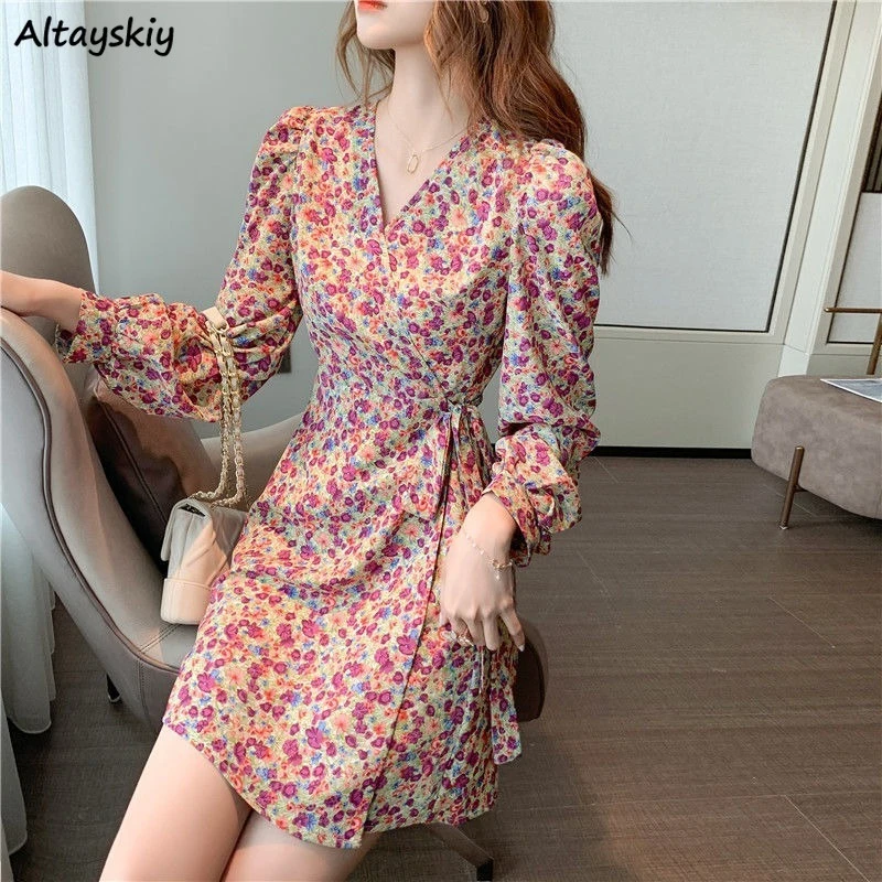 Floral Mini Dresses Women Lace-up Korean Style Chic Trendy Slim Popular Ulzzang Vestido Feminino Summer Leisure Vintage 2021 Ins plus size wedding dresses