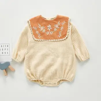 

2020 Solid Color Autumn Newborn Infant Baby Girls Linen Bodysuit Outfits Jumpsuit Embroidery Flower Kids Bodysuits