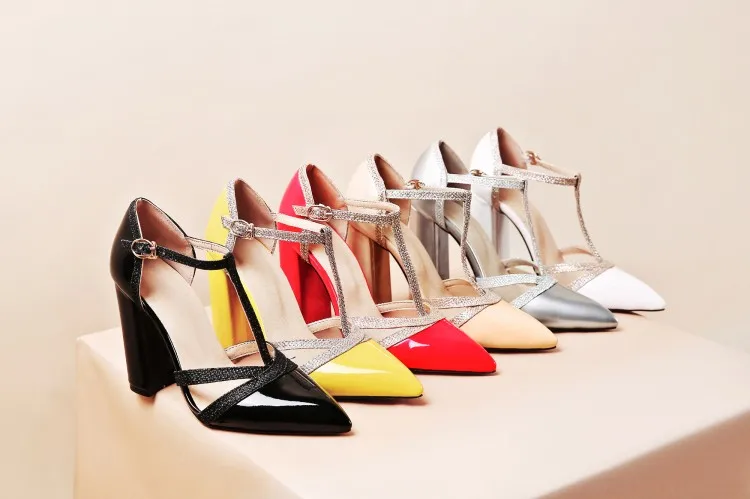 ASHIOFU Wholesale Women High Heel Sandals T-strap Chunky Heel Party Prom Dress Shoes Fashion Club Thick Heel Sandals Shoes