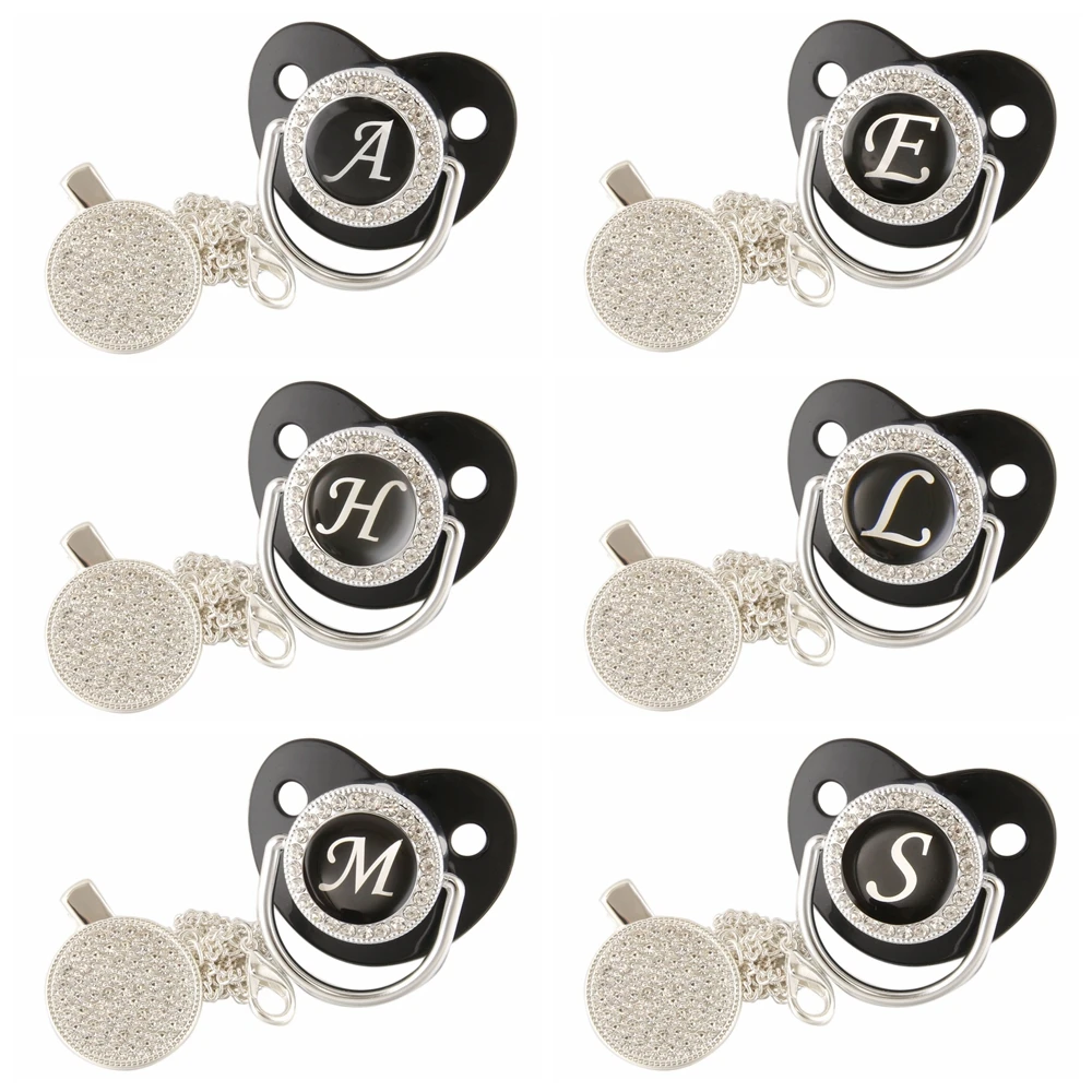 

26 Name Initial Letters Baby Pacifier Silver Black BPA Free Silicone Pacifier Infant Nipple Dummy Baby Shower Gifts
