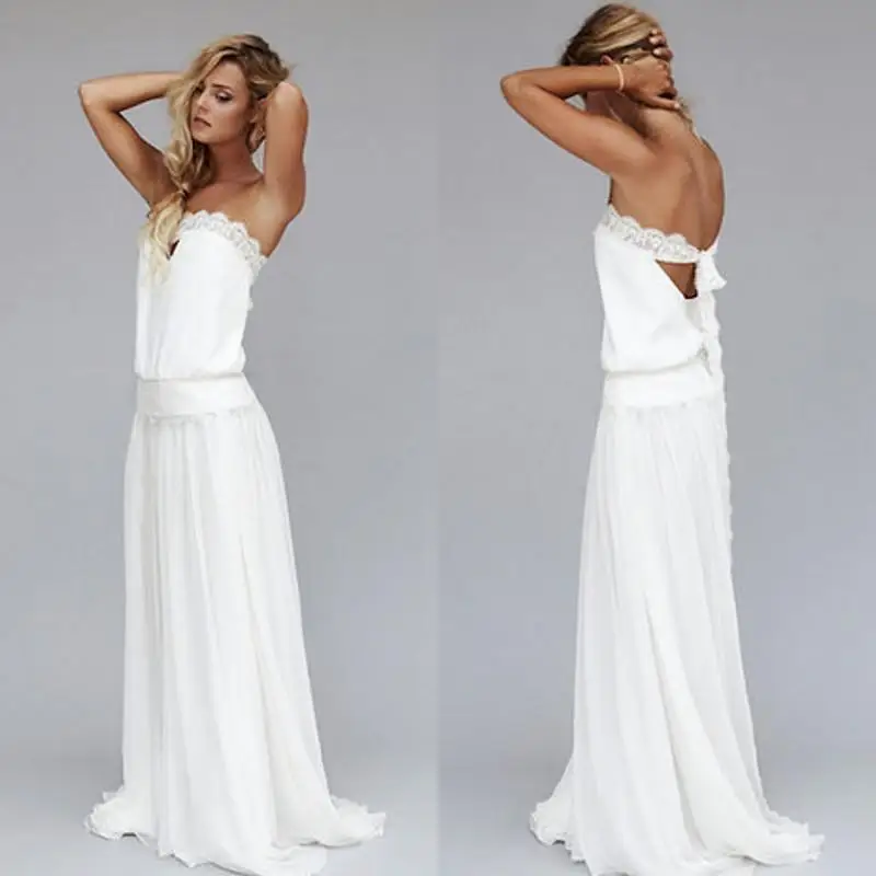 

Vintage Beach Wedding Dresses 2019 vestido de noiva Cheap Dropped Waist Bohemian Strapless Backless Boho Bridal Gown Lace Ribbon