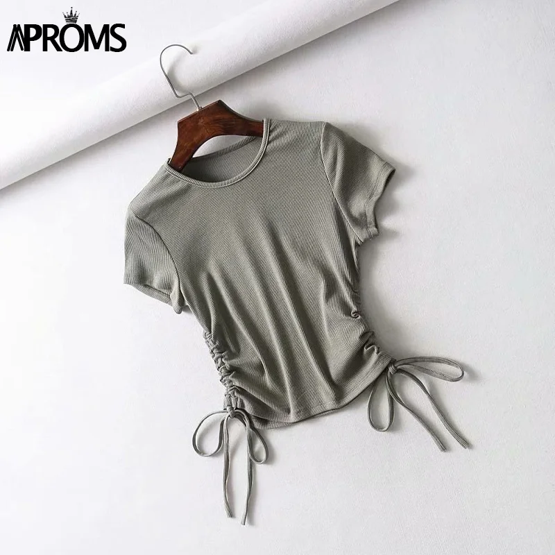 Aproms, сексуальные топы с завязками по бокам и рюшами, Женские однотонные облегающие топы, женская уличная одежда, ребристые трикотажные футболки - Цвет: Green New