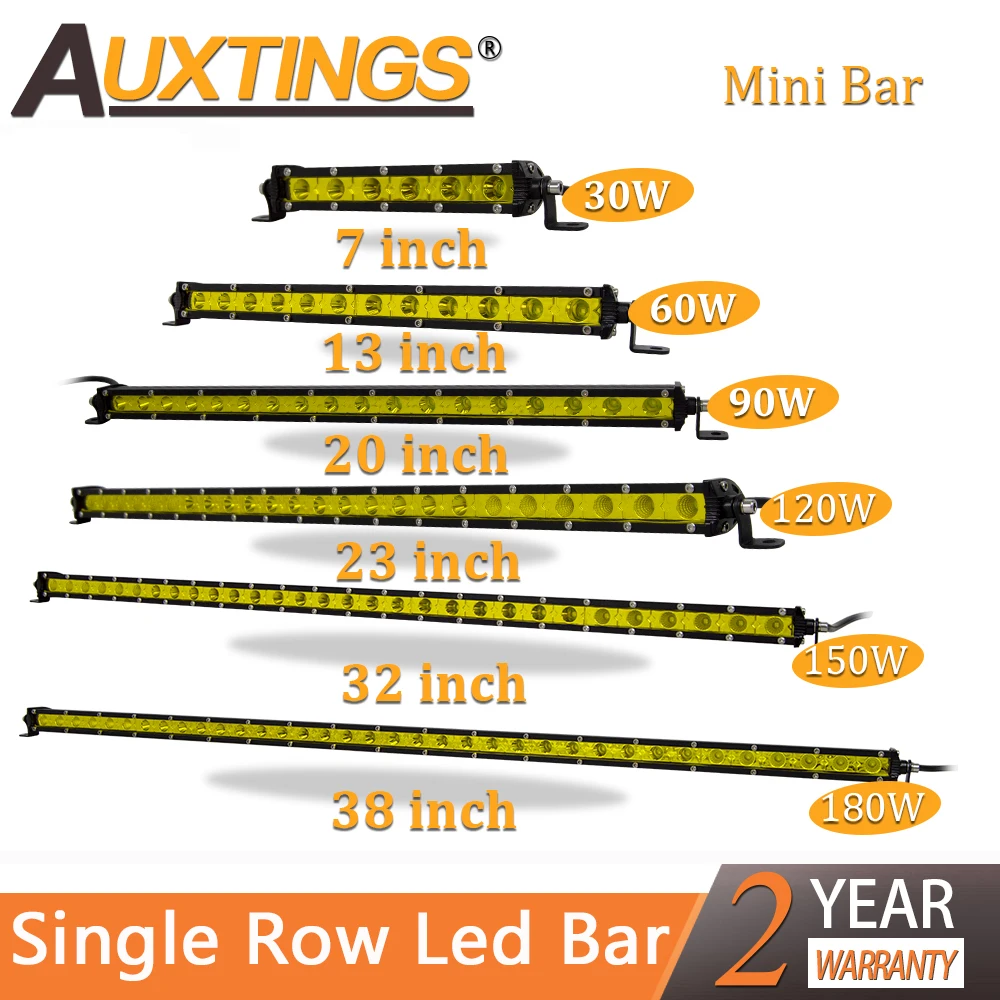 Auxtings 7" 13" 20'' 25'' 32'' 38'' Super Mini Slim Single Row Yellow Led Light Bar Work Driving Light SUV OffRoad Bar 12V 24V