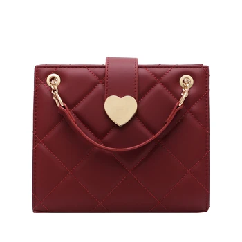 

Women Casual Tote Hand Bag Chain Heart Lingge Red Wedding Handbag Large Capacity Women Buckle Bag for 2020 сумка