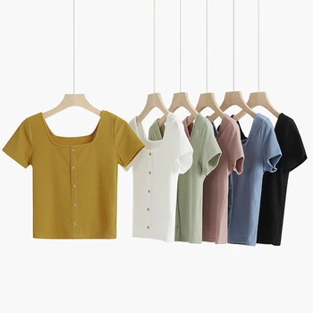 

Heliar Women 2020 Summer Buttoned T-shirt Casual Knitted Sexy Skinny T Shirt Short Sleeve Button Tee Shirt Female Solid Tops
