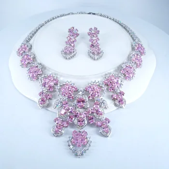 

2020new fashion bohemia pink flowers zircon necklace earring set,wedding bridel dinner party banquet dress jewelry free shipping