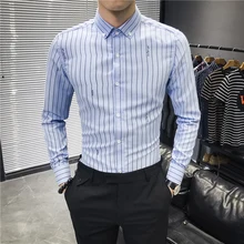 Мужская рубашка в полоску, белая приталенная рубашка с длинным рукавом, мужская синяя официальная блуза, деловая Повседневная Весенняя мода размера плюс