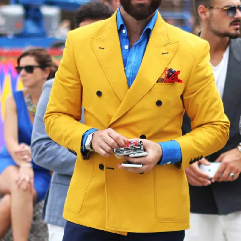 

Yellow Slim fit Men Blazer Double Breasted Italian Fashion Style 2020 Tops Suit Jacket for Singer Prom Party Stage Male Coat