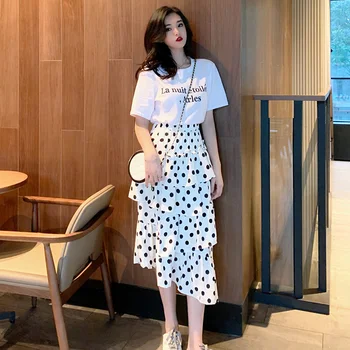 

Womens Two Piece Sets Summer Korean Print Crop Tops + Midi Ruffles Dot Skirts Suits Twinsets Sweatsuits for Women clothes