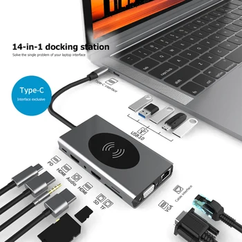 

3.5mm USB Hub 14 in 1 RJ45 Wireless Charger Type C to HDMI VGA USB TF Adapter for Household Computer Safety Parts