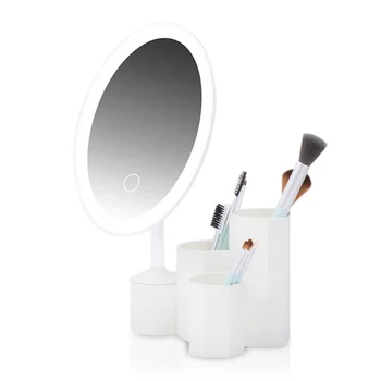 

Desktop LED Lighted Makeup Mirror Vanity Cosmetic Mirror Collapsible Brush Rack Adjustable Lamp Brightness Tabletop Mirrors