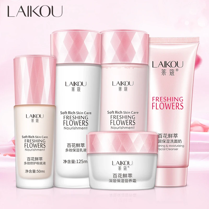 

laikou Skin Care Set Cleanser Toner Emulsion Cream Foundation Flower Beauty Moisturizing Refreshing Face Care Kit