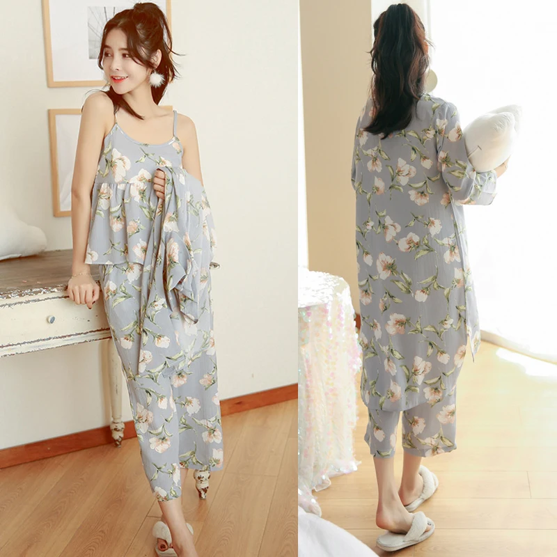 Women's Pajama Set Sleepwear Suit Long-sleeve Underwear 3 Pieces Loungewear  Floral Printing Pyjamas For Ladies Autumn Homewear - Pajama Sets -  AliExpress