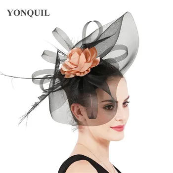 

Champagne flower headwear wedding women fascinator hat hair pin bridal chic show headdress tulle hair accessories with feather
