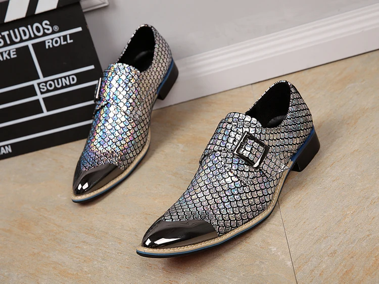 Christia Bella British Style Metal Pointed Toe Man Plus Size Shoes Fashion Ichthyosis Genuine Leather Buckle Men's Party Shoes