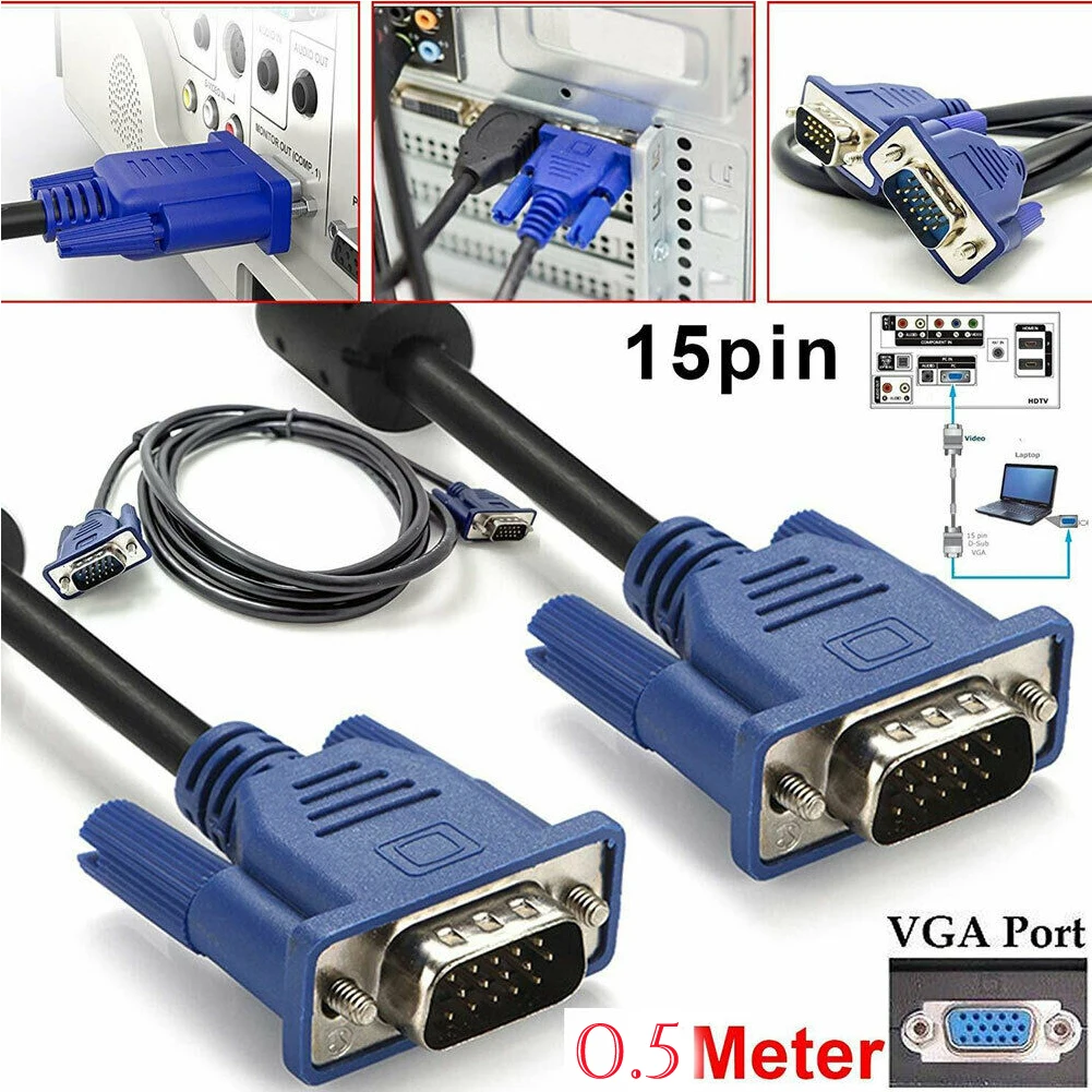 0,5 м VGA Мужской к Мужской Кабель SVGA кабель для монитора 15 контактов ПК Компьютер синий разъем