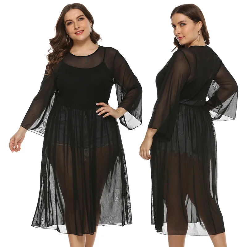 

Beach Dresses Cover Swimwear Dress Plus Size Up For Women Bikini Beachwear Large Sexy Perspective Mesh Pleated Skirt Horn Long