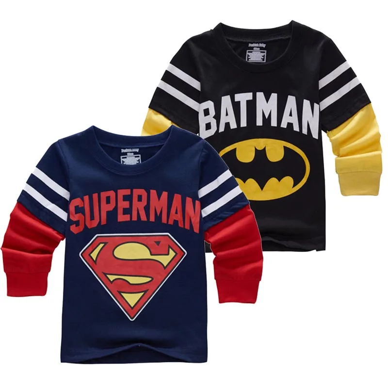 Весенняя одежда с длинными рукавами футболки для маленьких мальчиков с принтом «Бэтмен», футболки "Супермен" Детские супергероя костюмы персонажей кино одежда От 2 до 7 лет