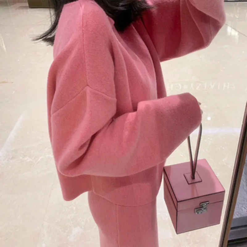 

Women Loose Chic Sweater Knit Skirt 2 Piece Set Autumn Winter Women Long Sleeve Loose Wool Pullovers Knit Long Skirt Set