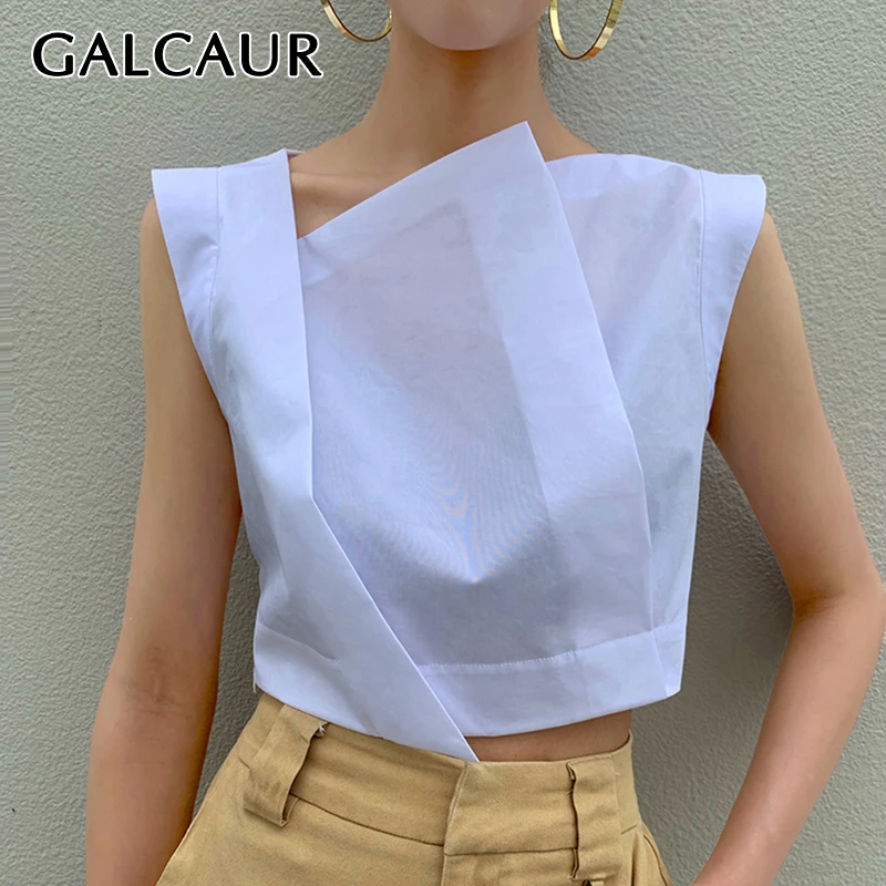 Женские Асимметричные рубашки GALCAUR белые корейские без рукавов с косым
