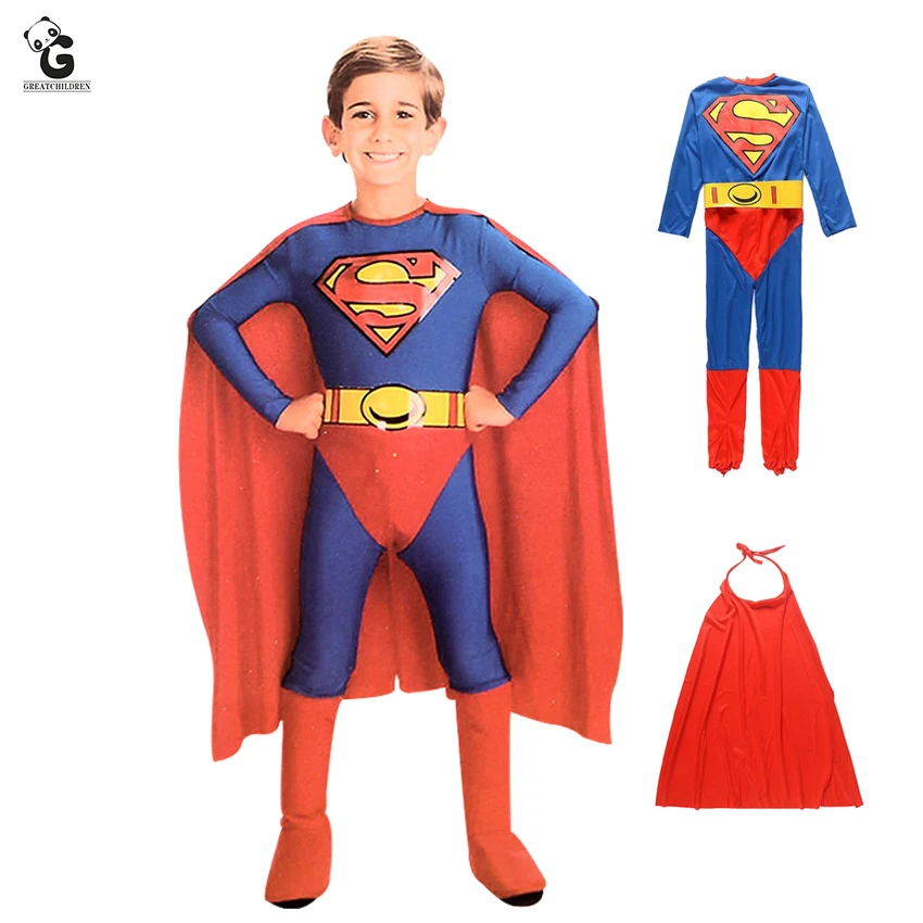 Костюмы Супермена; Детские костюмы на Хэллоуин для детей; детское маскарадное платье; костюм супергероя из аниме; Костюм Супермена для мальчиков; костюм плащ