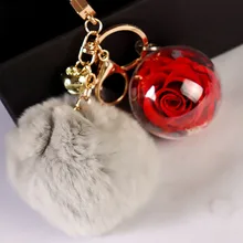 Preserved Rose Keychain Hanging Ornaments Bag Car Decorative Flowers Keychain With Plush Ball for Elegant Ladies Best Gift D30